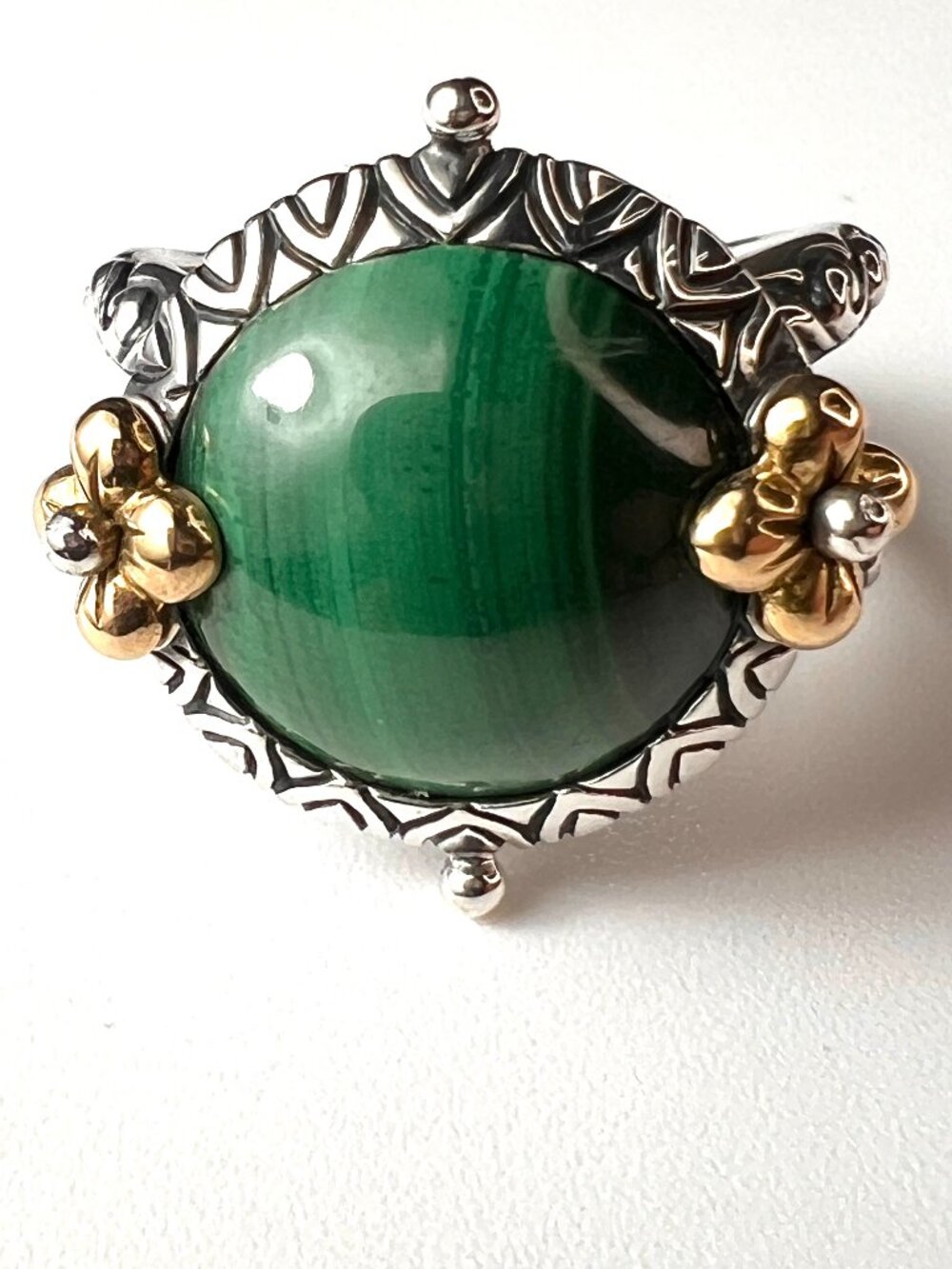 Barbara Bixby 18K Gold 925 Silver Malachite Flower Filigree Ring Sz 7
